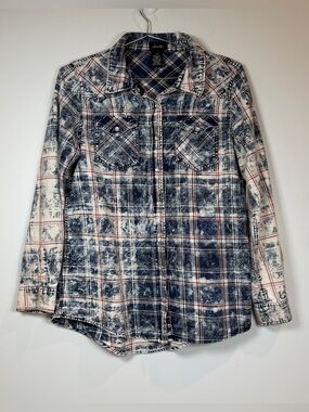 Justify Distressed Navy and Cream Plaid Button-Up‎ Shirt L